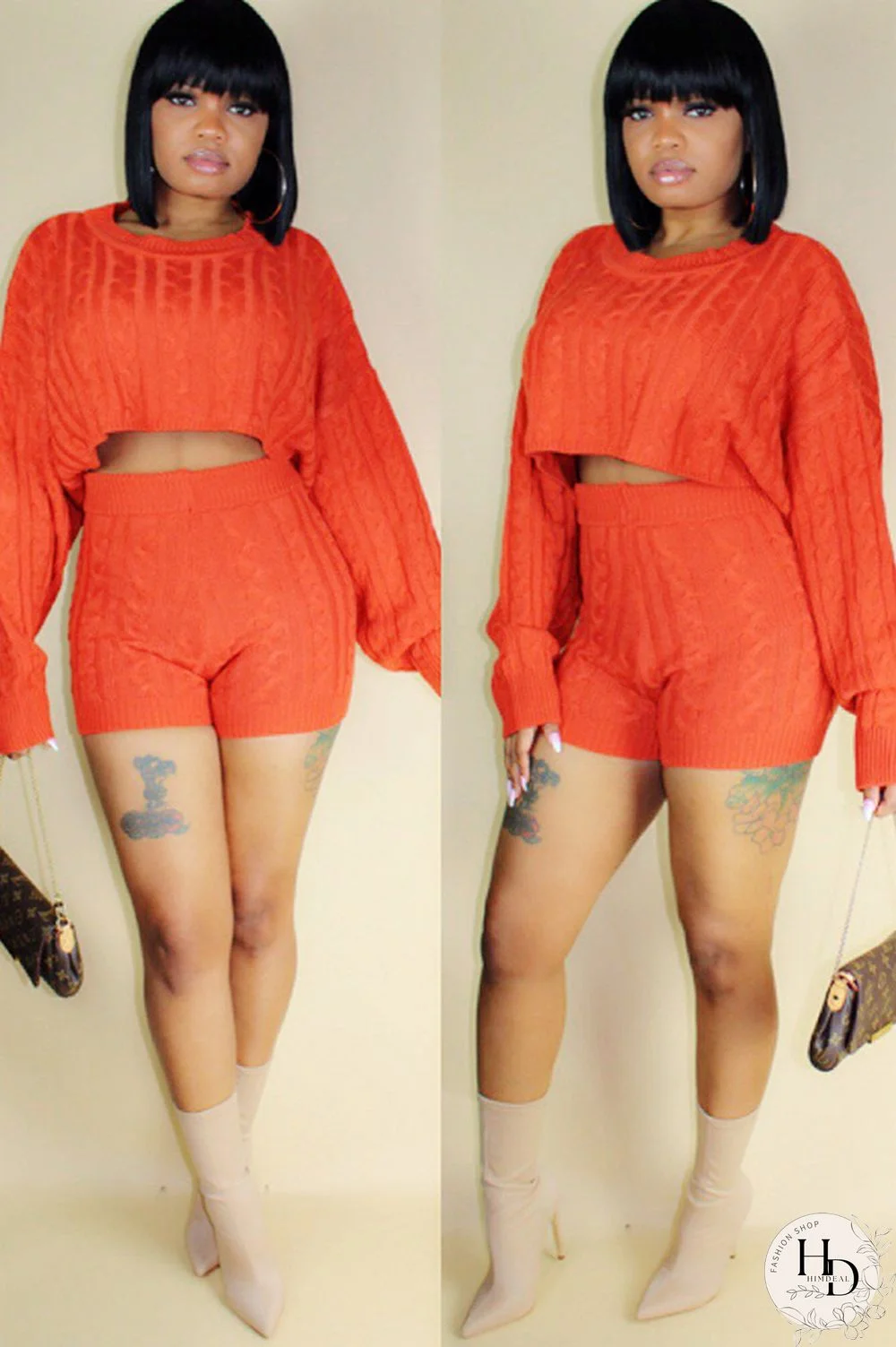Orange Wool Europe and America Solid Two Piece Suits pencil Long Sleeve Two-Piece Short Set