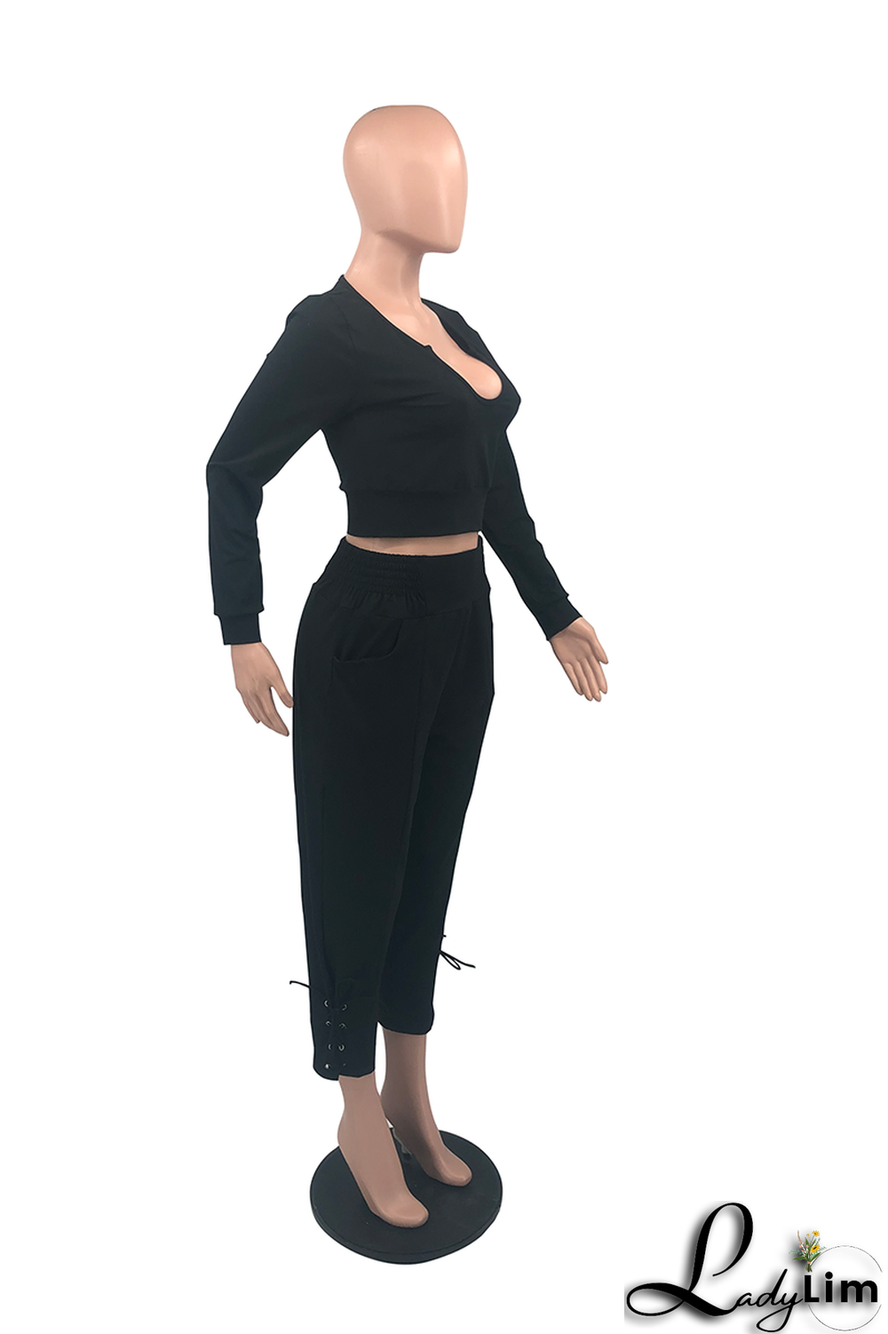 Blue Fashion Solid Draw String U Neck Long Sleeve Two Pieces