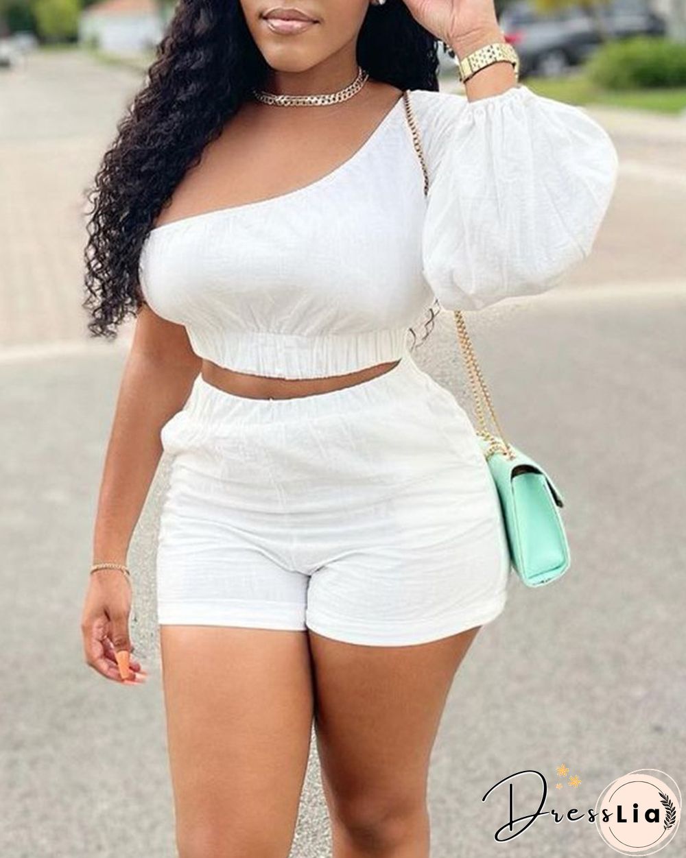 Solid Color One Shoulder Crop Top & Shorts Set