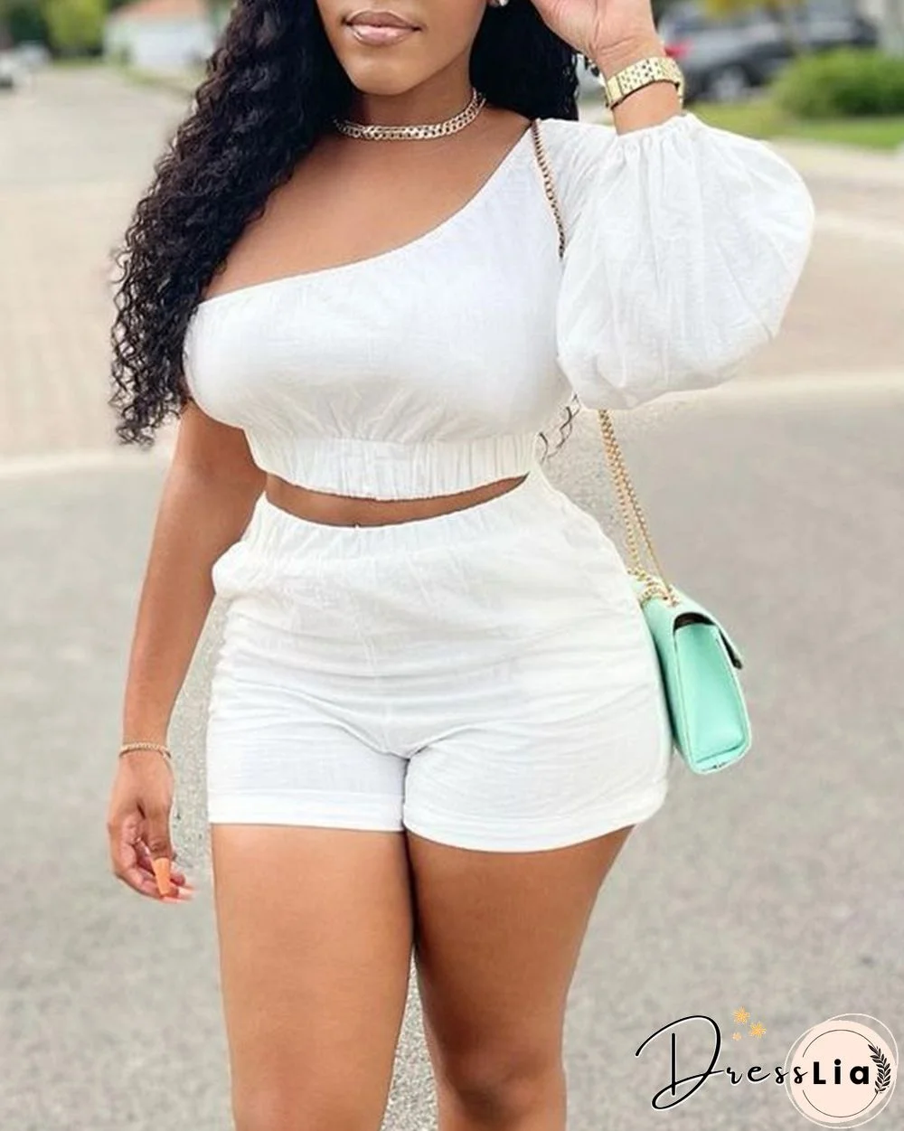Solid Color One Shoulder Crop Top & Shorts Set