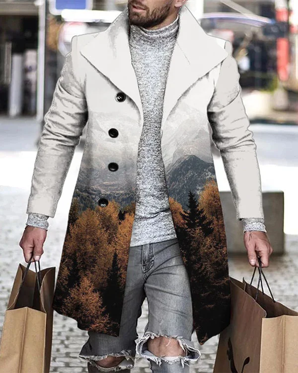 Men's Landscape Casual Long Sleeve Mid Length Cardigan Trench Coat-