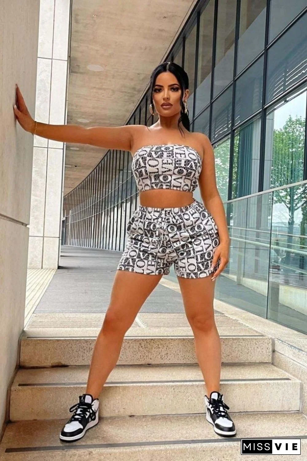 Causal Women Letter Print Strapless Crop Top Bodycon Elastic Waist Shorts Sportsuit 2 Piece Set