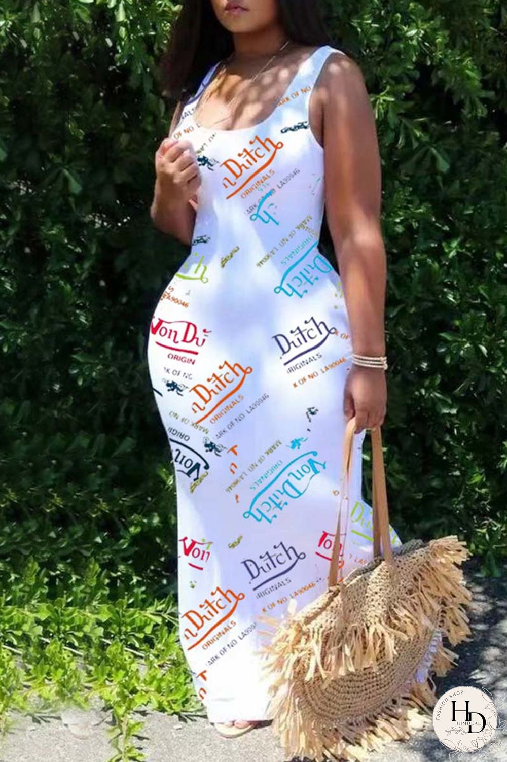 White Sexy Casual Letter Print Basic U Neck Vest Dress