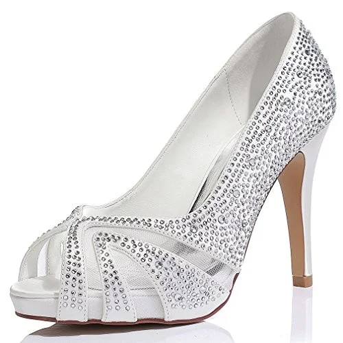 White Wedding Shoes Lace Hees Peep Toe Hotfix Pumps with Platform |FSJ Shoes