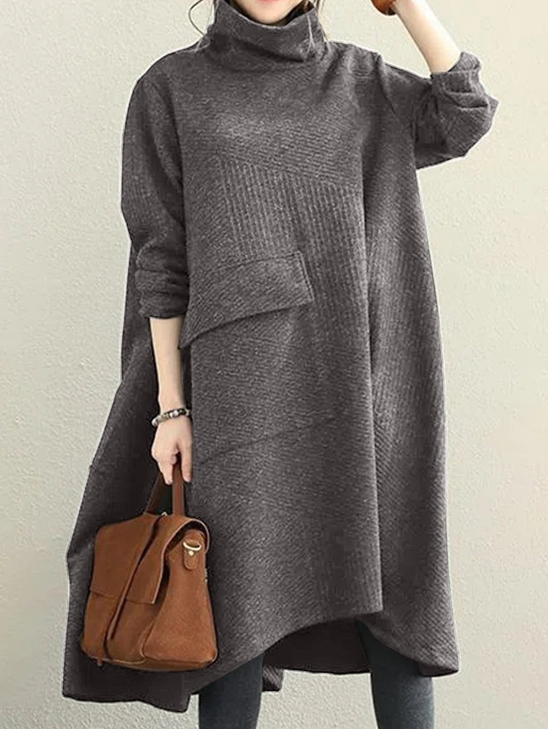 Turtleneck Patched Pocket Curved Hem Dress