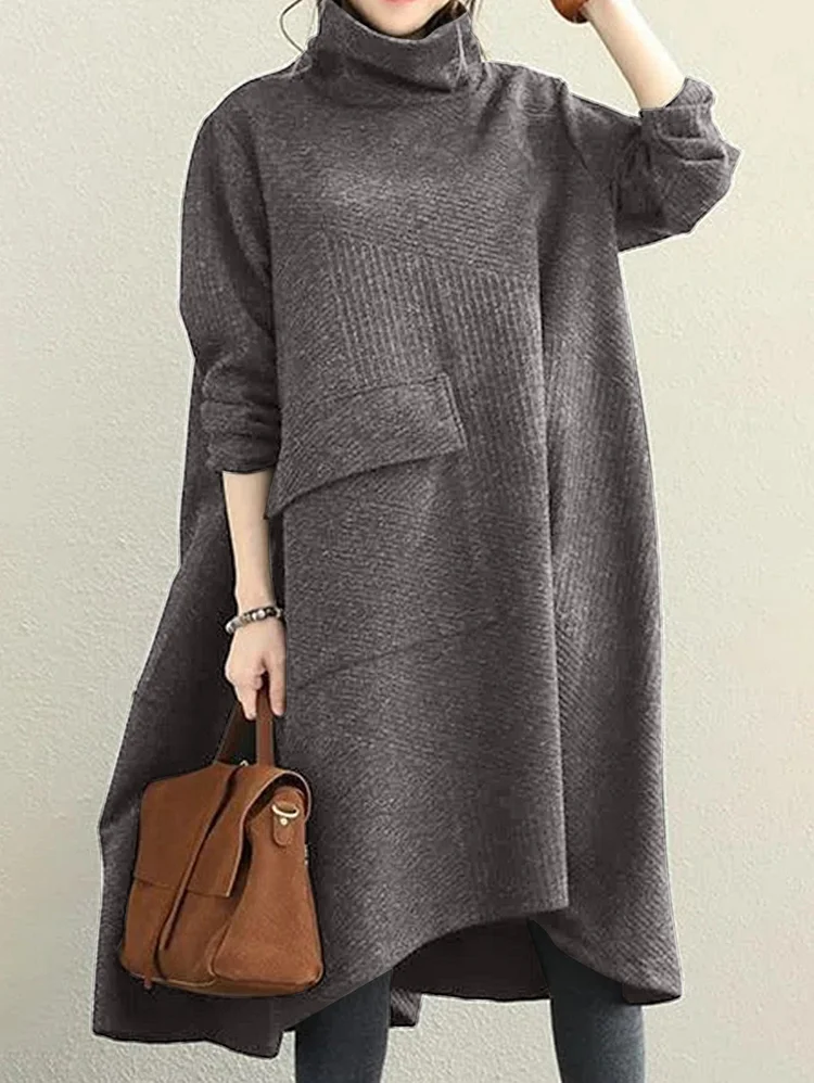 Turtleneck Patched Pocket Curved Hem Dress