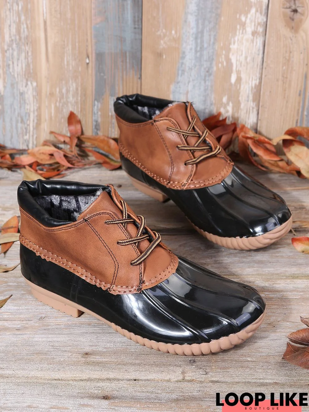 Brown Black Splicing Waterproof Plush Warm Duck Bean Boots