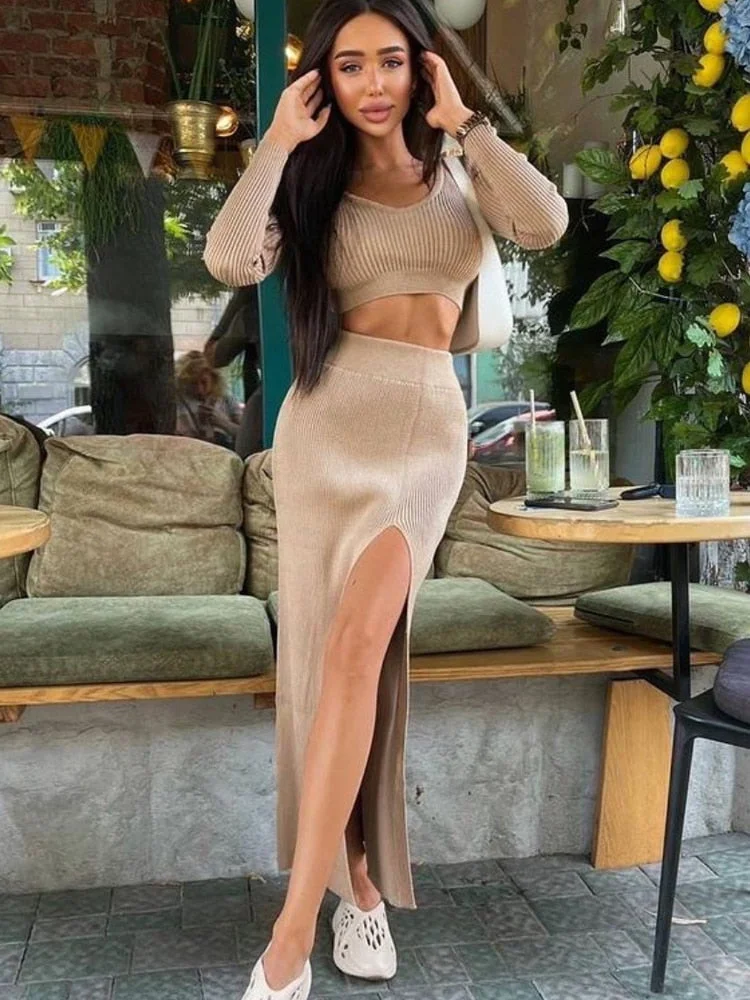 Tawnie 2022 Spring Autumn Knitted Sexy Women Dress Sets Casual Fashion Women's Suit With Long Sleeve Pullover Top & Split Skirt