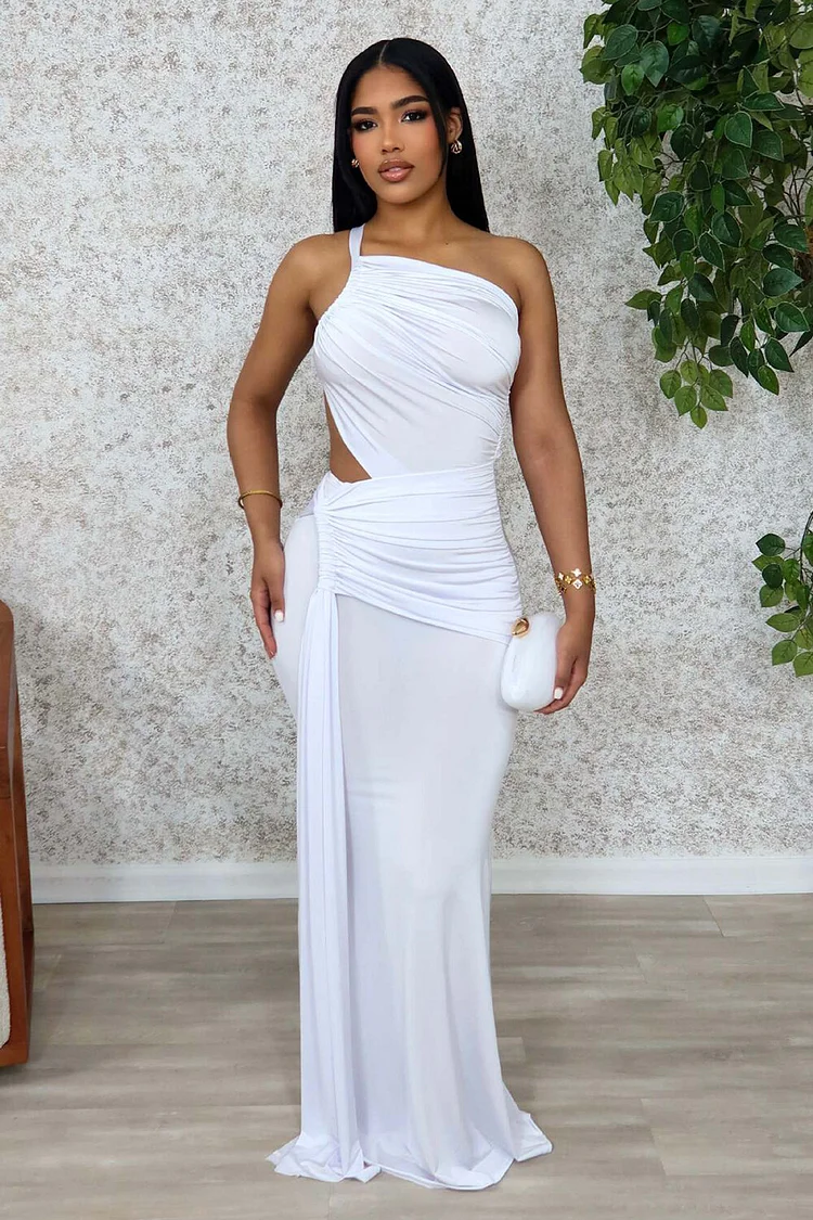Sleeveless One Shoulder Cutout Ruched Solid Color Bodycon Maxi Dresses-White