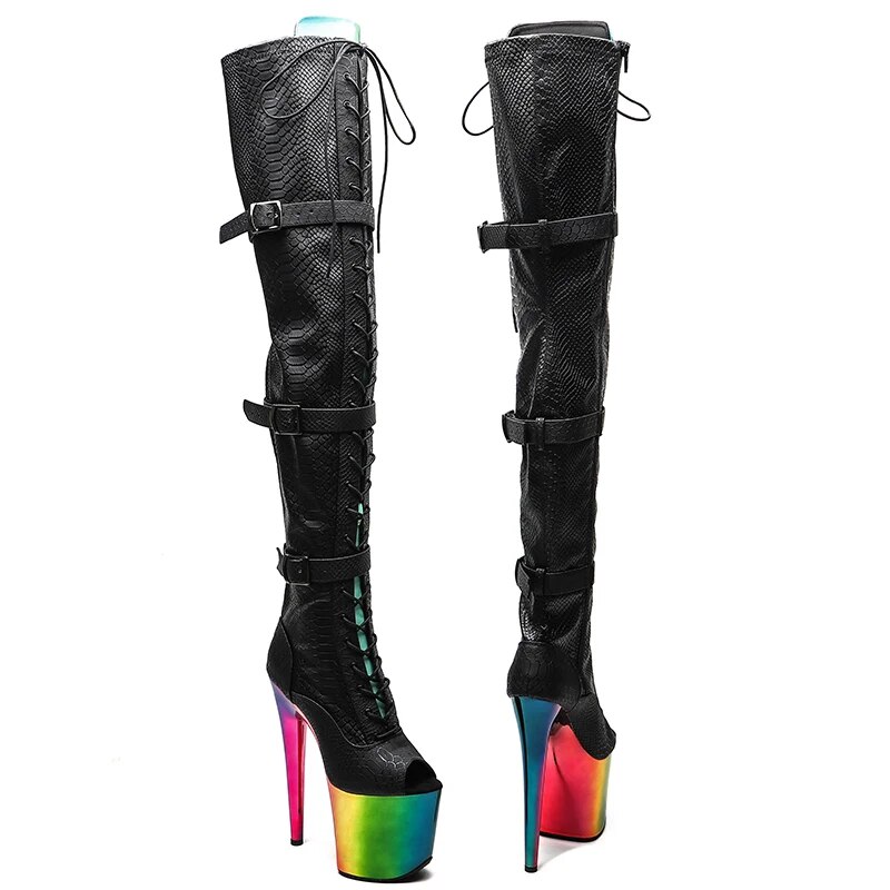 VCshoes 20CM/8inches Snake PU Upper Open Toe With Colorful Electroplate High Heel Platform Boots Pole Dance Boots