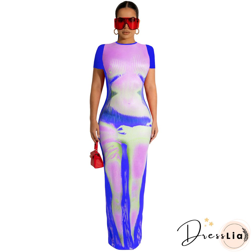 CM.YAYA Women 3D Printed Short Sleeve O-neck Bodycon Midi Maxi DressFor Summer Sexy Night Party Clubwear Long Dresses