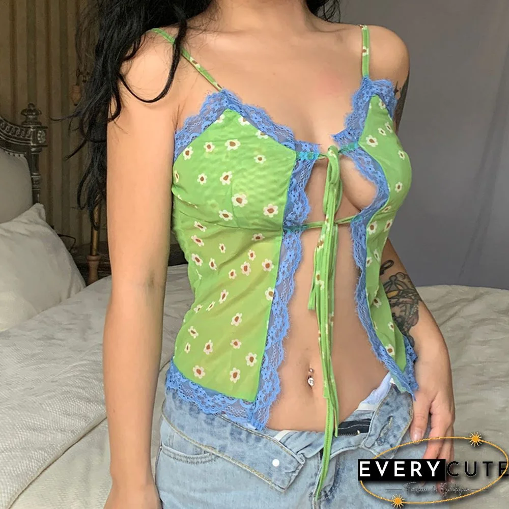 Hollow Out Lace Trim Top Sexy Cute Fairycore Green Summer Cropped Tops Y2k Floral Print Kawaii V Neck Tie Up Cami