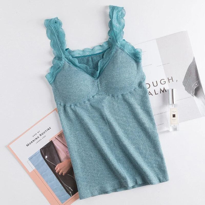 Ladies Slim Vest Top Women Clothes Breathable Knitted Tank Top Classic Undershirt Round Neck Lace Straps Black Shirt