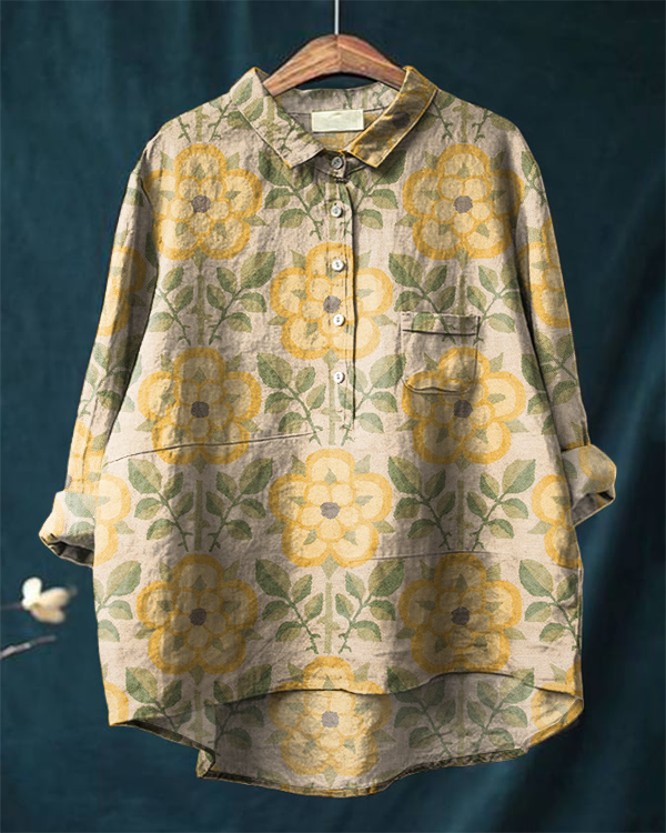 Retro Ethnic Floral Print Casual Cotton and Linen Long-sleeved Shirt