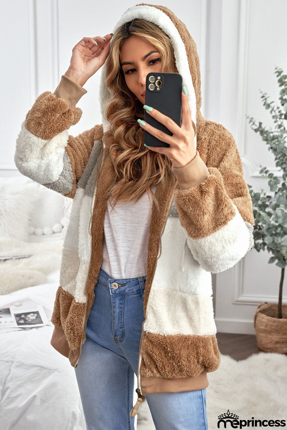 Colorblock Zip Up Sherpa Coat with Hooded