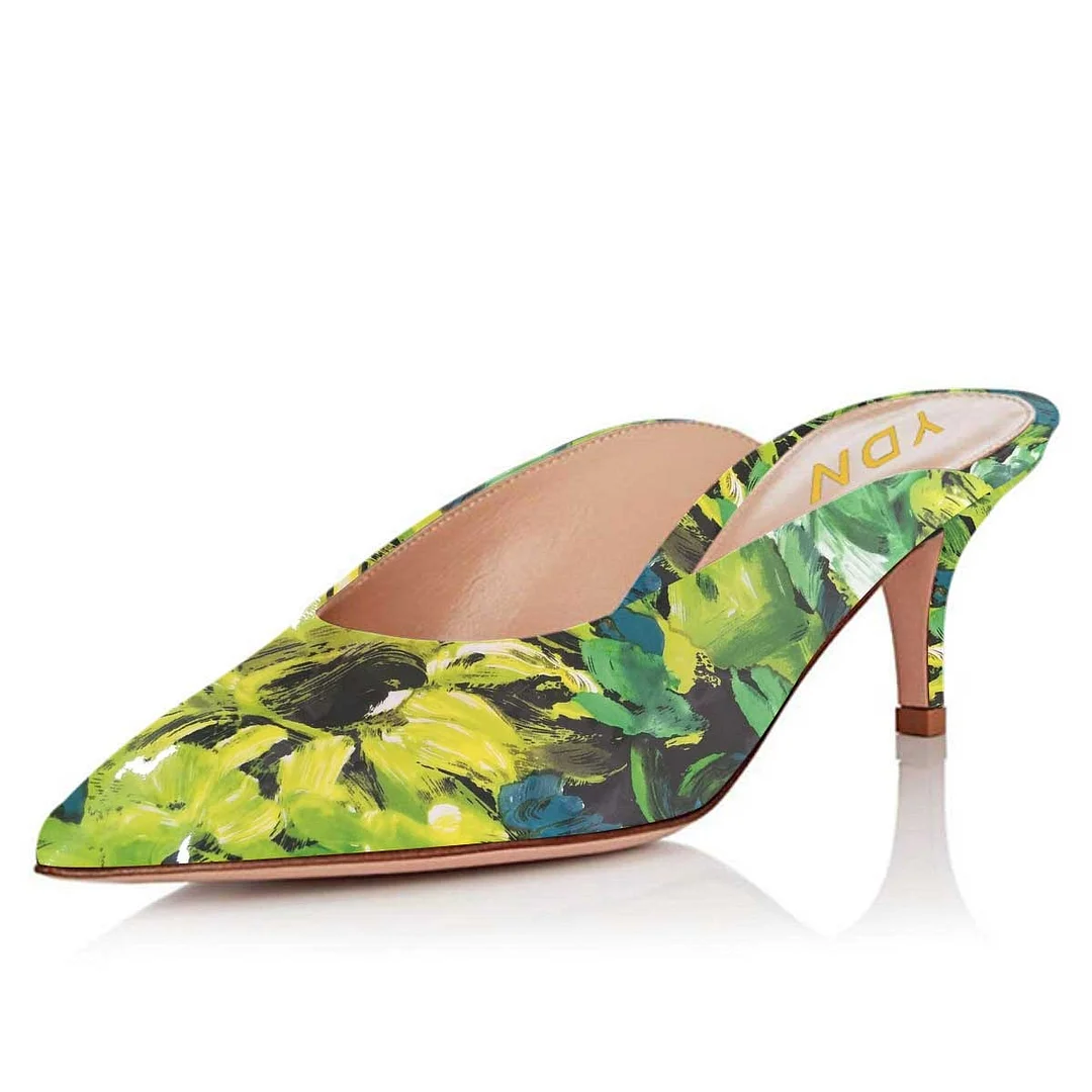 YDN Simple Green Painting Pointed Toe Slip-On Mules for Women