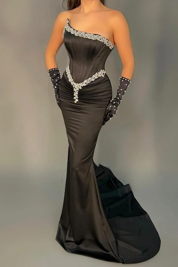 Bellasprom Strapless Black Mermaid prom Dress Long With Beads