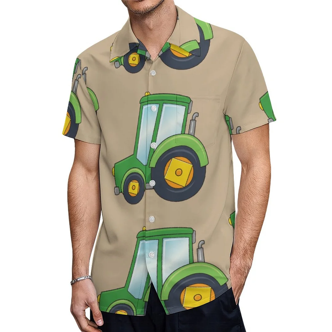 Short Sleeve Green Tractor Hawaiian Shirt Mens Button Down Plus Size Tropical Hawaii Beach Shirts