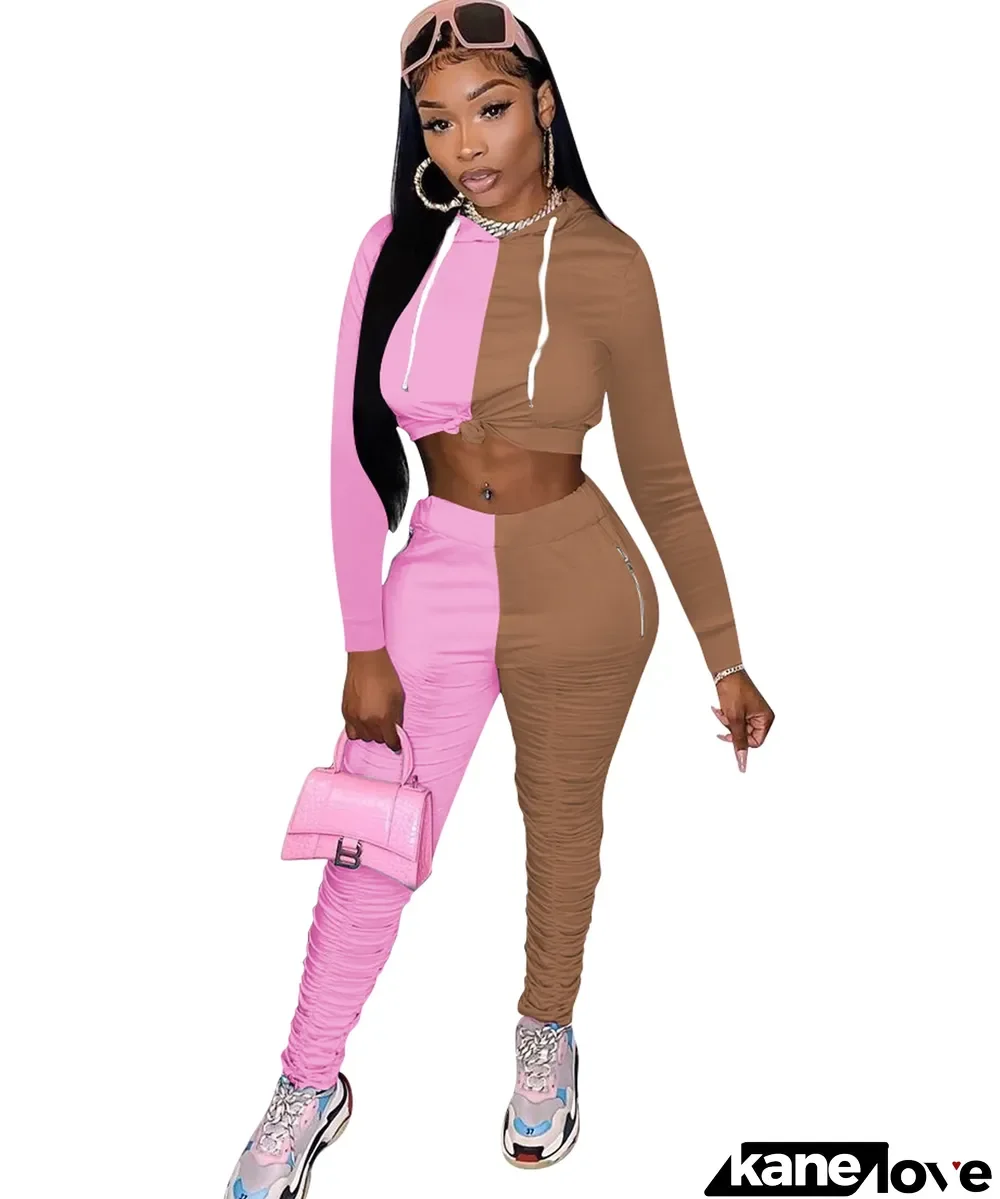 Autumn Casual Contrast Hoodie Shirt and Ruched Pants Set