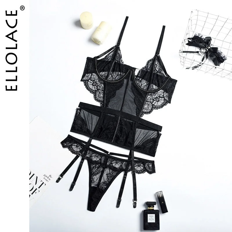 Ellolace Lingerie Hollow Out Bodysuit Bra with Bone Push Up Exotic Costumes Tops and Panties Body Sexy Outfit Sissy Black Tights