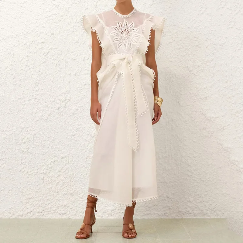 Abito midi con maniche a volant ricamate Fashion Hollow