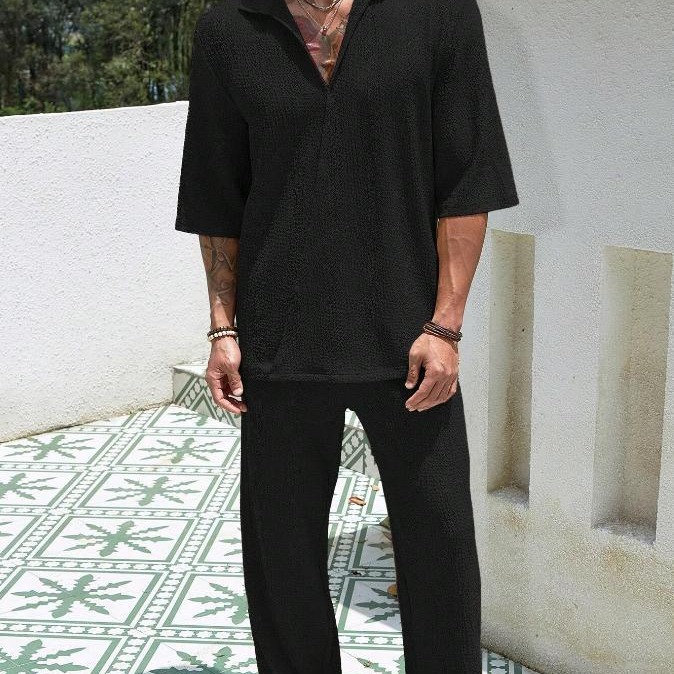 Mature Men Commuter Suits Summer Short-sleeved Top And Loose Straight Trousers Casual Outfits Outdoor