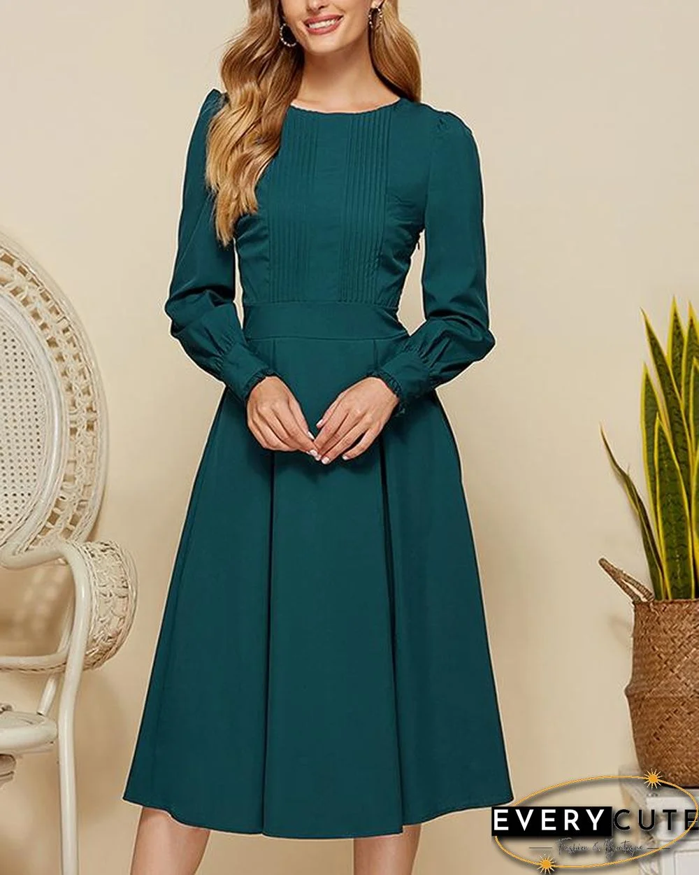 Women Vintage Solid Color Pleated Midi Dress Elegant Gowns