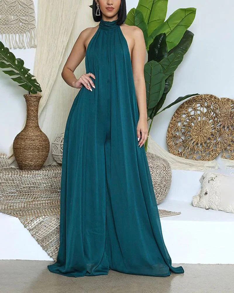 Casual Solid Color Halter Jumpsuit