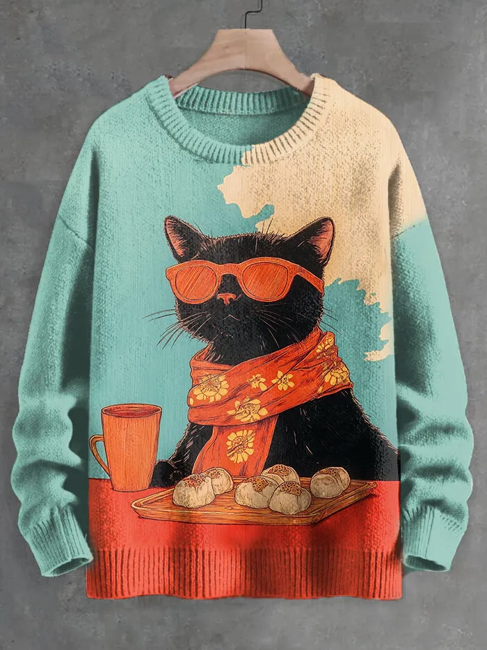 Men's Scarf Cat Eating Snack Afternoon Tea Art Print Knit Sweatshirt