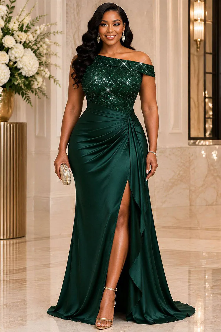 Xpluswear Design Plus Size Formal Satin Green Oblique Collar Short Sleeve Contrast Split Sequin Maxi Dresses [Pre-Order] 2024 - Xpluswear