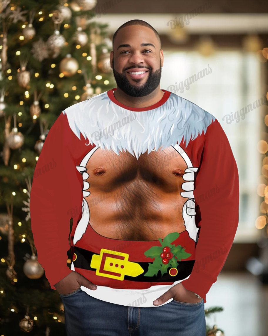 Men's Big & Tall Fun Exposed Chest Christmas Print Long Sleeve Sweatshirt