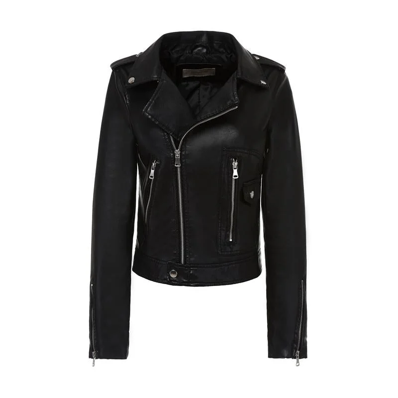 Ailegogo New Autumn Red Leather Jacket Women Short Pu Jackets Turn Down Collar Slim Motorcycle Biker Black Leather Coat