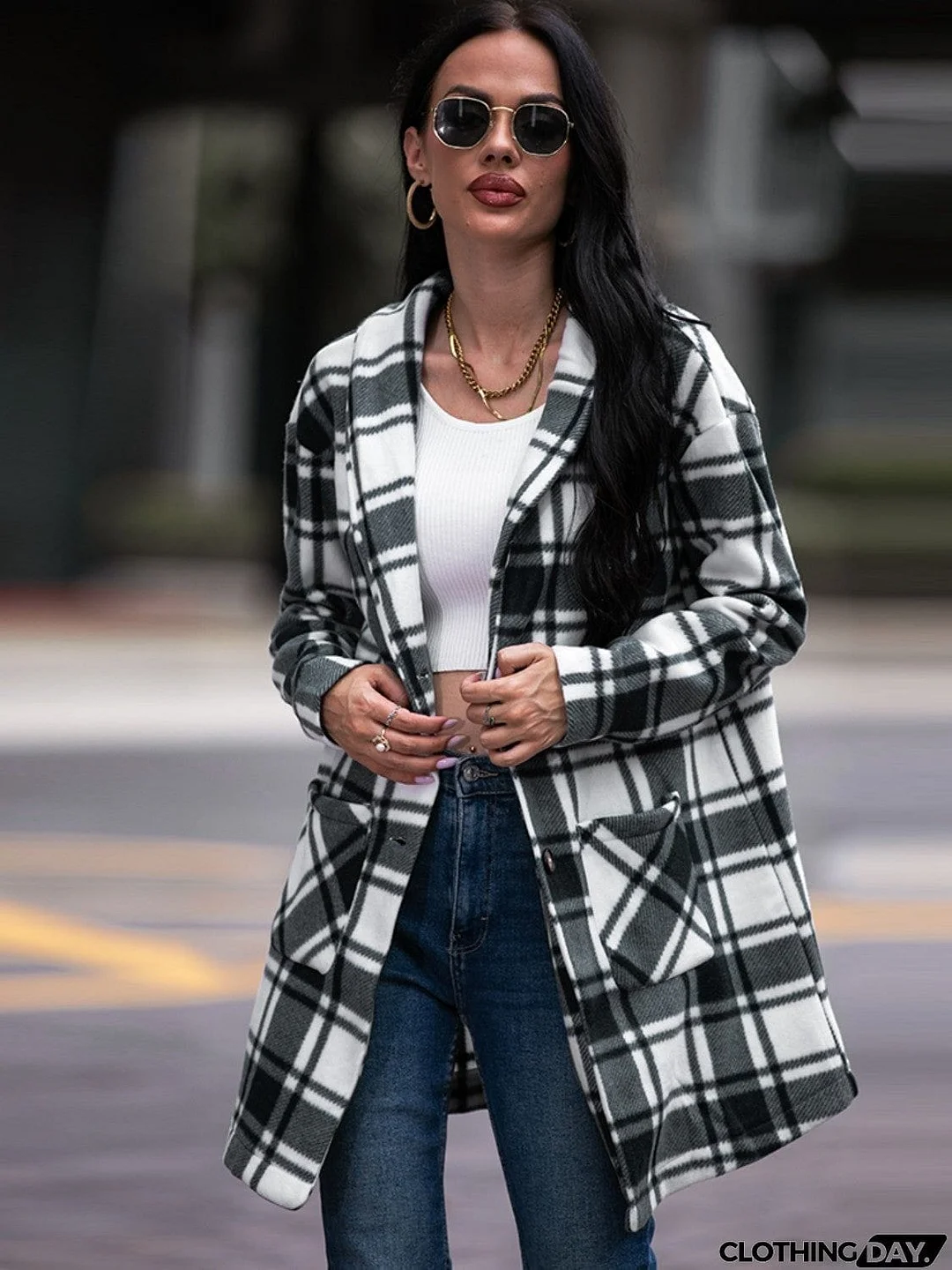 Plaid Shawl Collar Coat with Pockets
