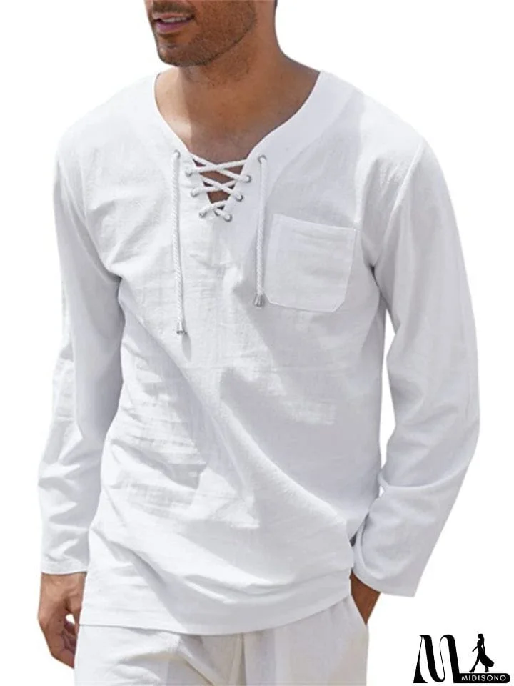 MidiSono - Fashion Linen Cotton V-neck Lace UP Long Sleeve T-shirt