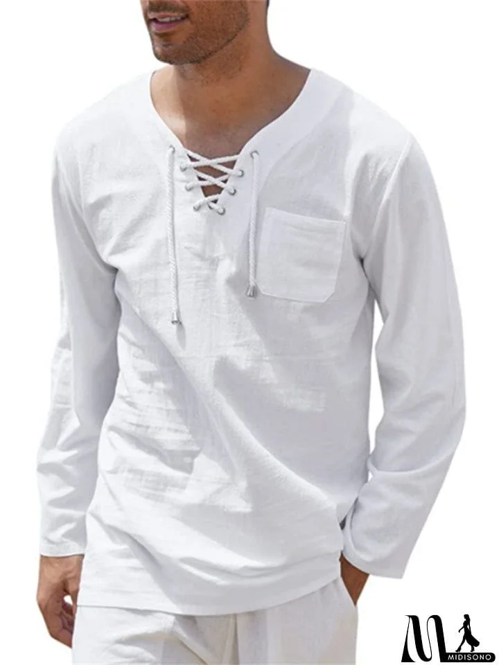 Fashion Linen Cotton V-neck Lace UP Long Sleeve T-shirt