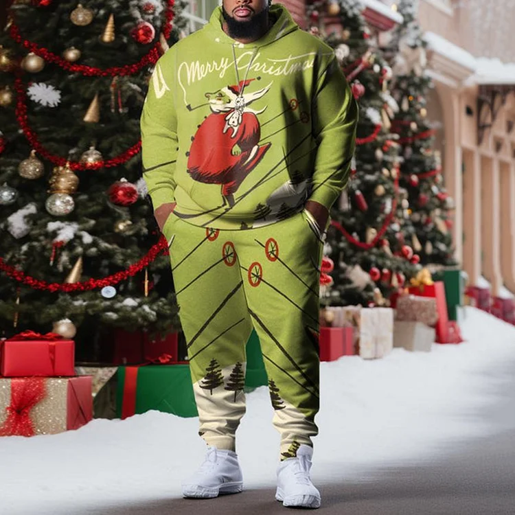 Comstylish Men'S Plus Size Green Santa Claus Atmosphere Hoodie Set Of Two