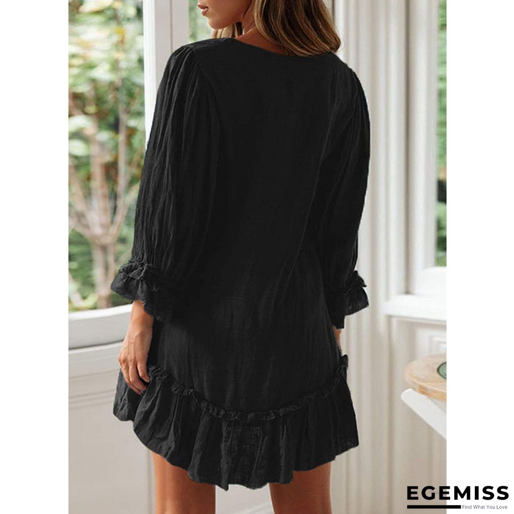 A-line Skirt Loose Long Sleeve Ruffle Hem Cotton Linen Dress | EGEMISS