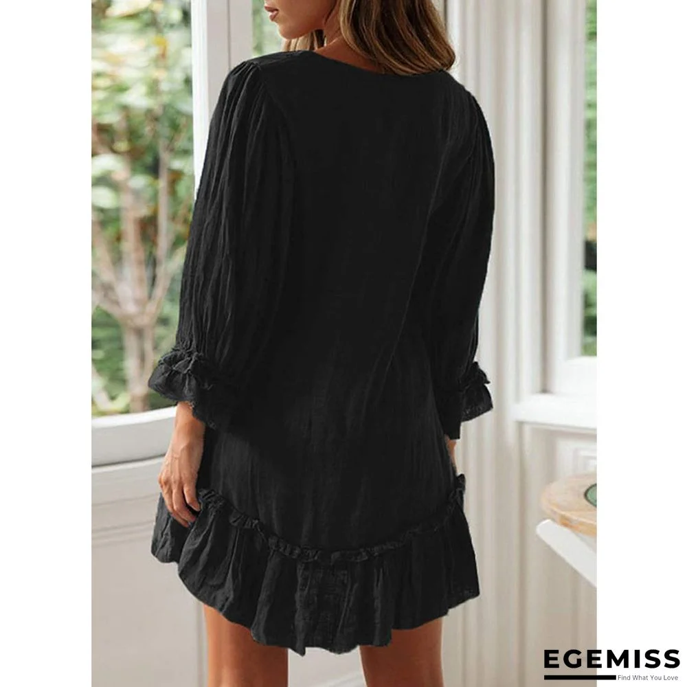 A-line Skirt Loose Long Sleeve Ruffle Hem Cotton Linen Dress | EGEMISS