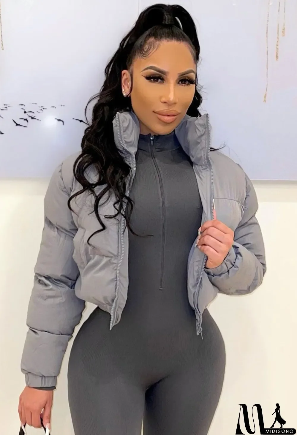 MidiSono - Winter Warm Gray Zip High Neck Short Padded Jacket