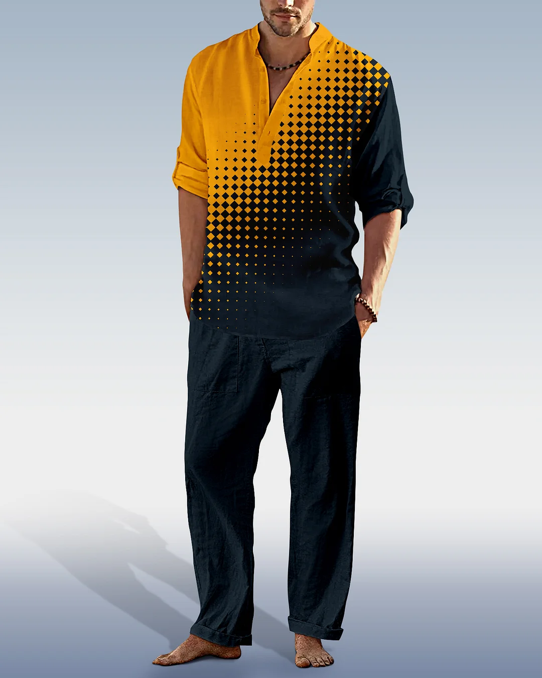 Suitmens Men's Color Matching Casual Cotton Linen Trousers Long Sleeve Set 61