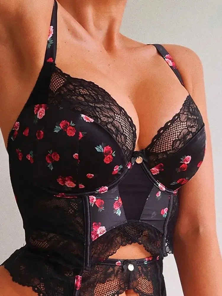 Mandylandy Sexy Underwear Women Set Floral Mesh Perspective Lingerie Fashion Lace Bra Thong Garter Belt Lingerie Set