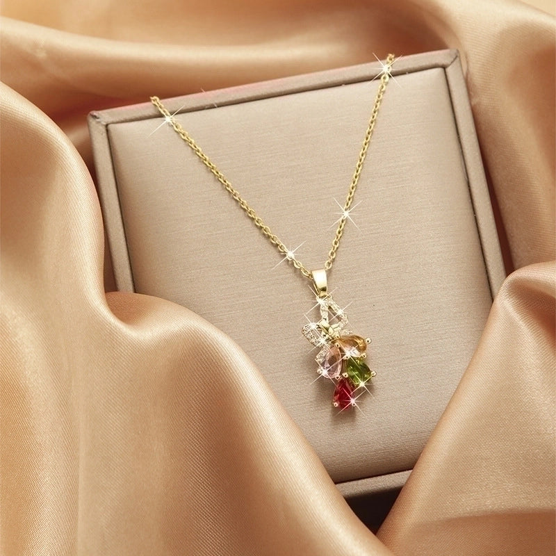 2 Pieces Vintage Style Heart Shape Flower Bow Knot Titanium Steel Copper Tassel Plating Inlay Zircon Pendant Necklace