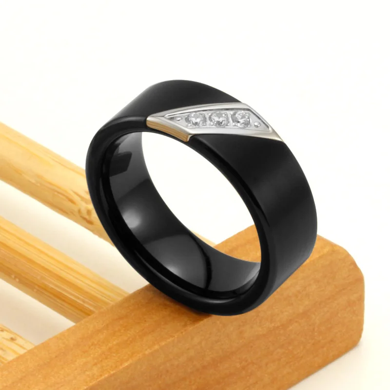 8MM Silver/Blue Flat Tungsten Carbide Wedding Bands with CZ Stone Inlay for Men Women Channel