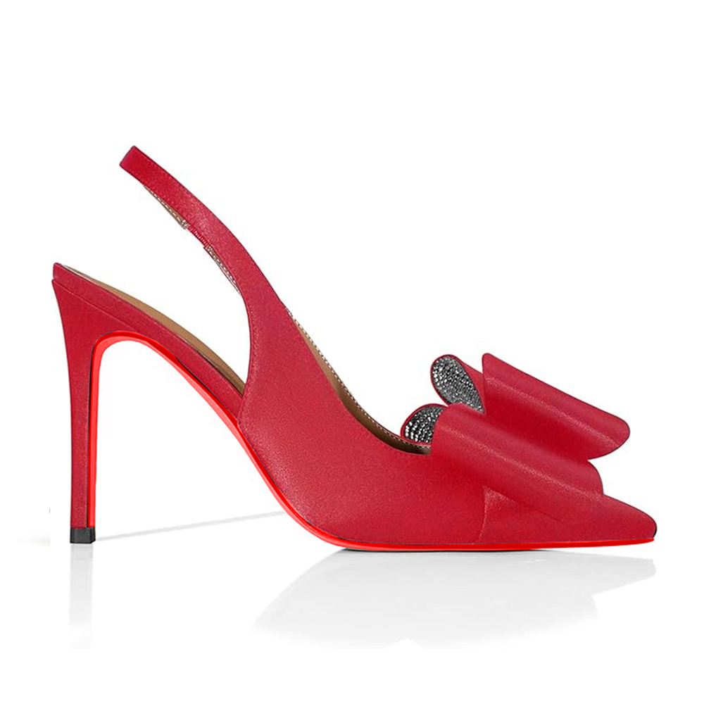 100mm Women's Red Bottom Diamonds Bows Slingback Sandals Design Heels Pointed Toe Stiletto Shoes -MERUMOTE