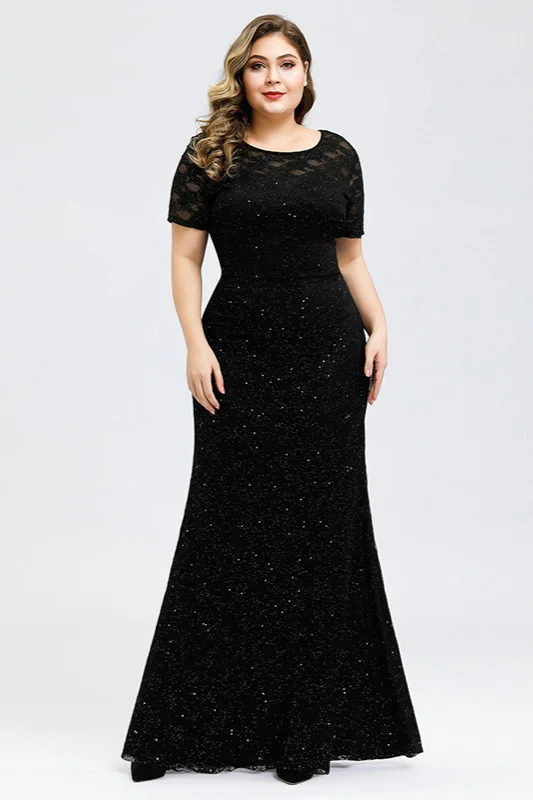 Sparkle Short Sleeve Black Lace Evening Gowns Mermaid Prom Dress With ...