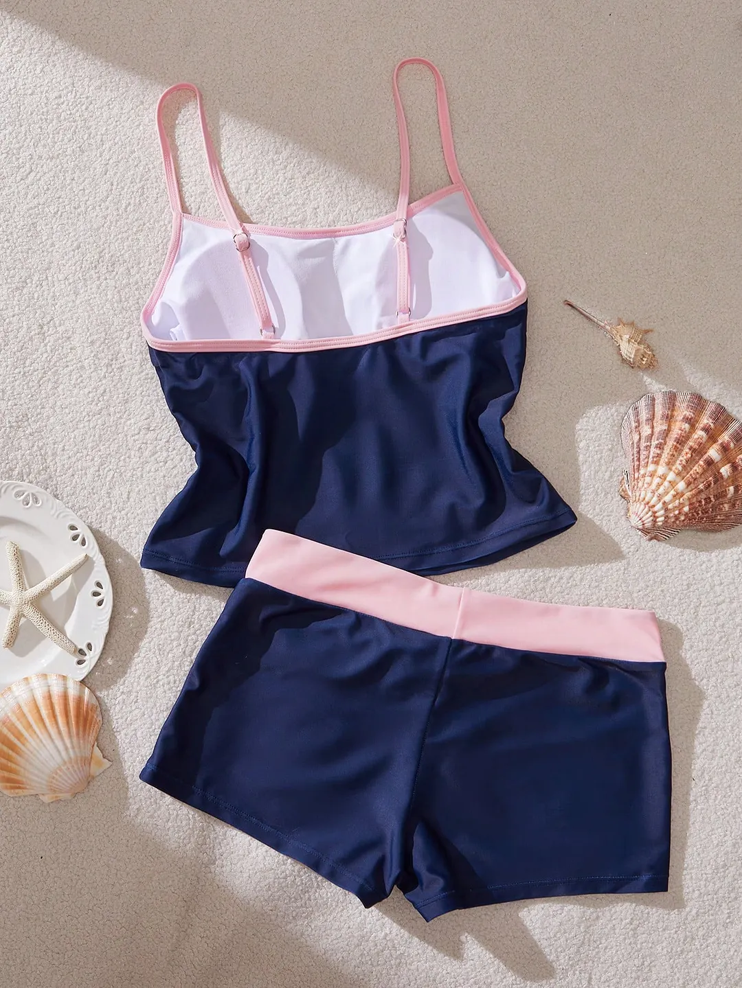 Seashell Starfish Print Contrast Pink Trim Cami Top & Drawstring Shorts Set