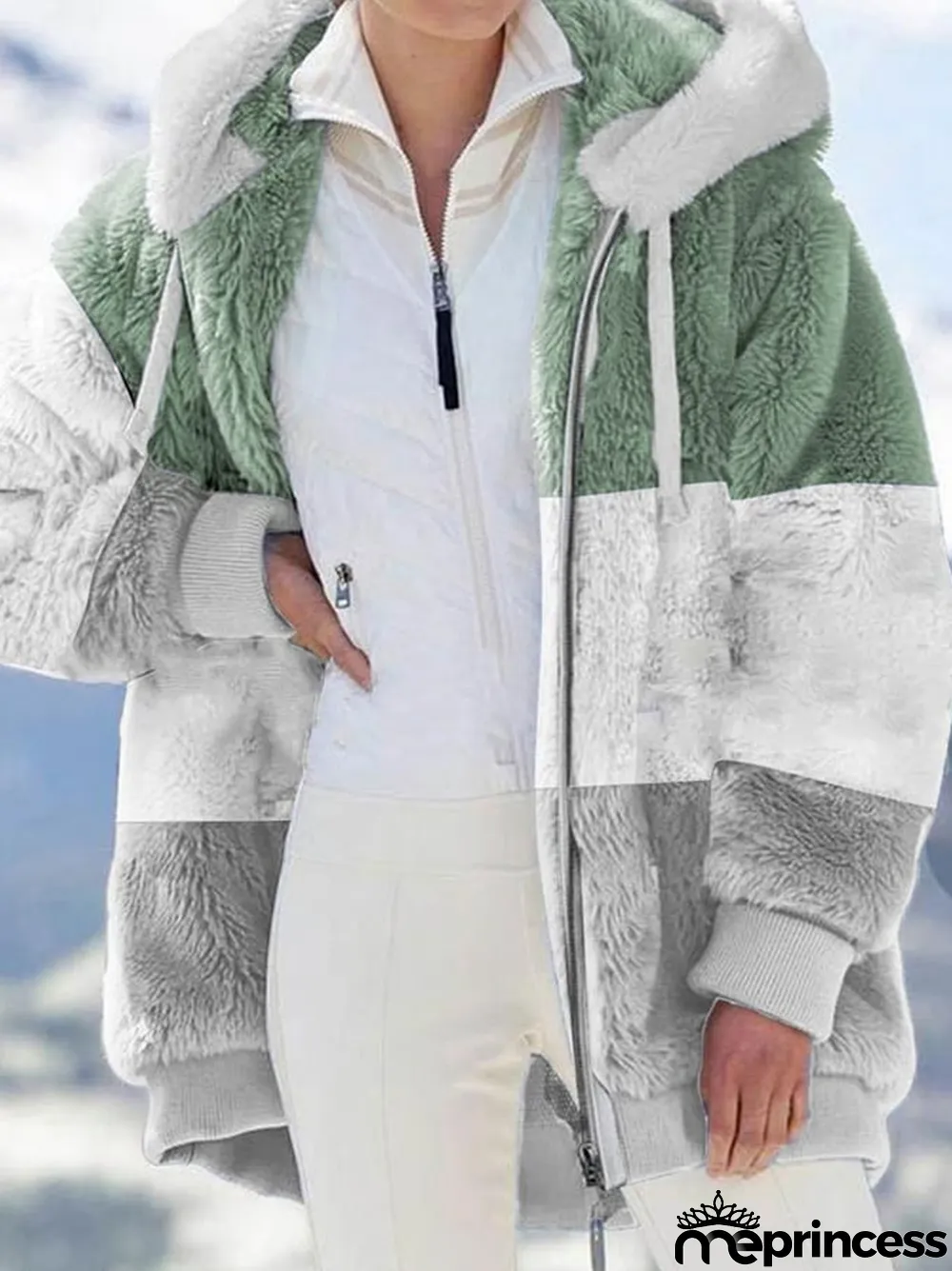 Fashion Color Blocking Plush Zipper Hooded Jacket