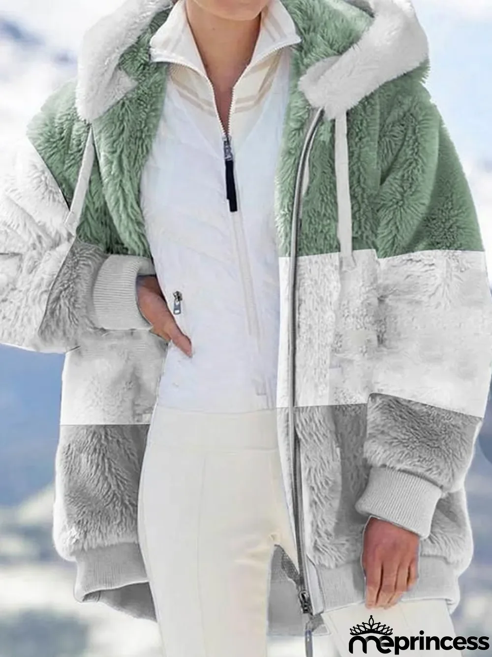 Fashion Color Blocking Plush Zipper Hooded Jacket