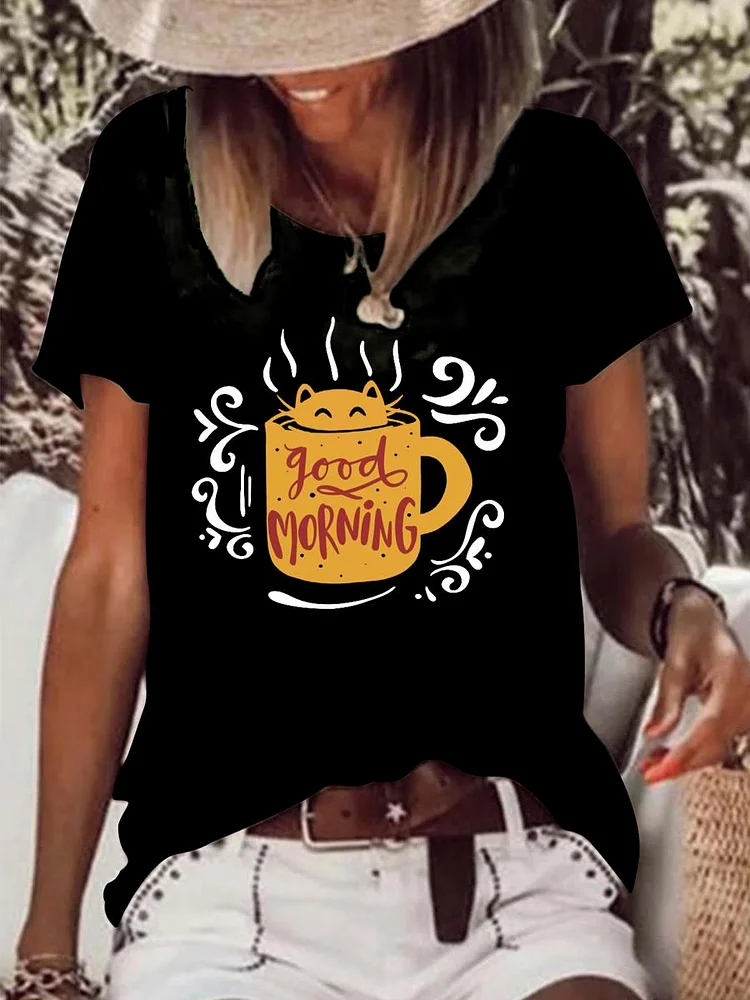 Good morning cat in coffee cup Raw Hem Tee-Annaletters