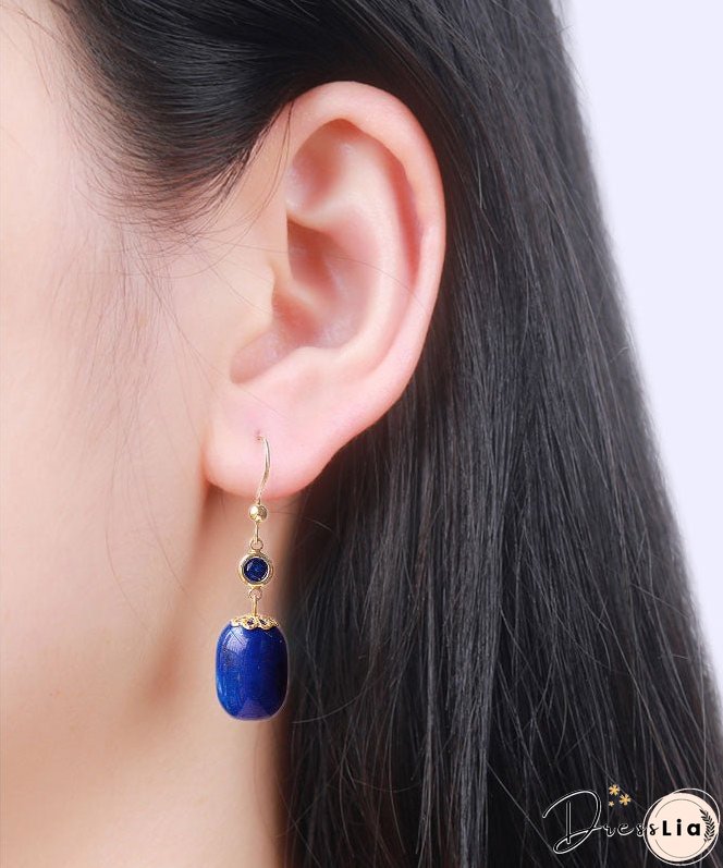 Skinny Royal Blue 14K Gold Gem Stone Drop Earrings